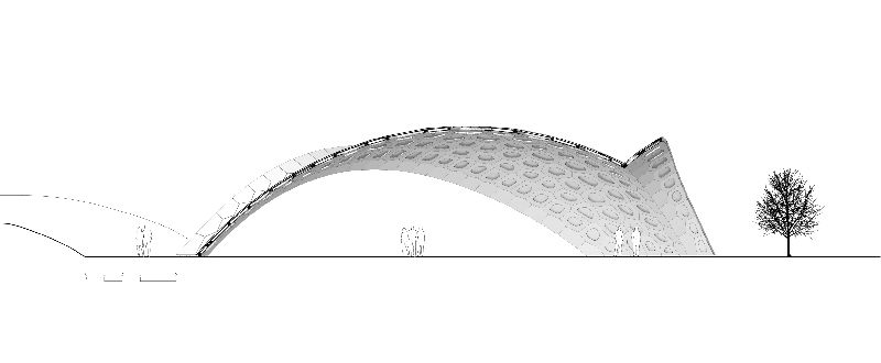Schnitt durch den Pavillon. Die dünne Schale gewinnt ihre statische Leistungsfähigkeit durch ihre doppelt gekrümmte Form. (Quelle: ICD/ITKE Universität Stuttgart)